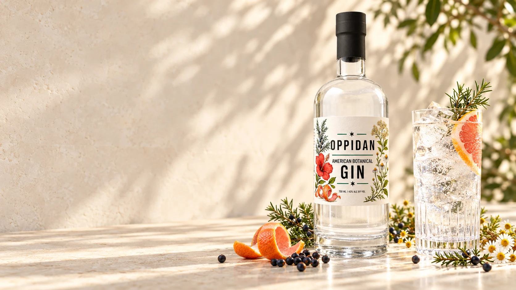American Botanical Gin and a grapefruit highball with juniper and chamomile on sunlit stone